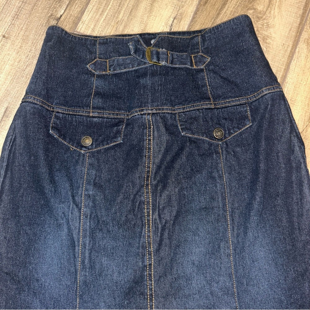 Vintage Denim Pencil Skirt SZ 10 Button Fly Pull Tab Midi Dark Wash Waist Panel